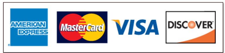 We Accept American Express, Visa, Mastercard, and Discover Credit Cards
